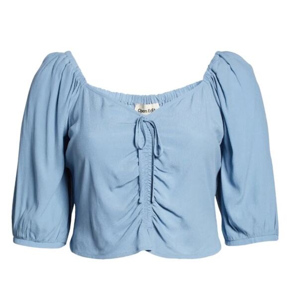 Open Edit Tie Front Puff Sleeve Blouse - Blue Chambray Size 2X - Picture 2 of 9